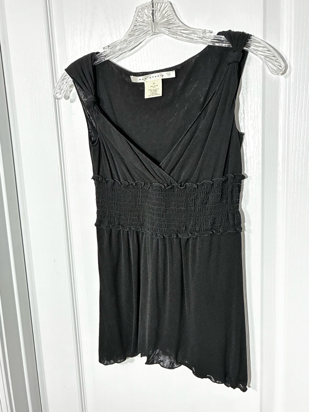 Y2K VTG Max Studio USA MADE Knotted Strap Smocked Mesh Sleeveless Top Black XS